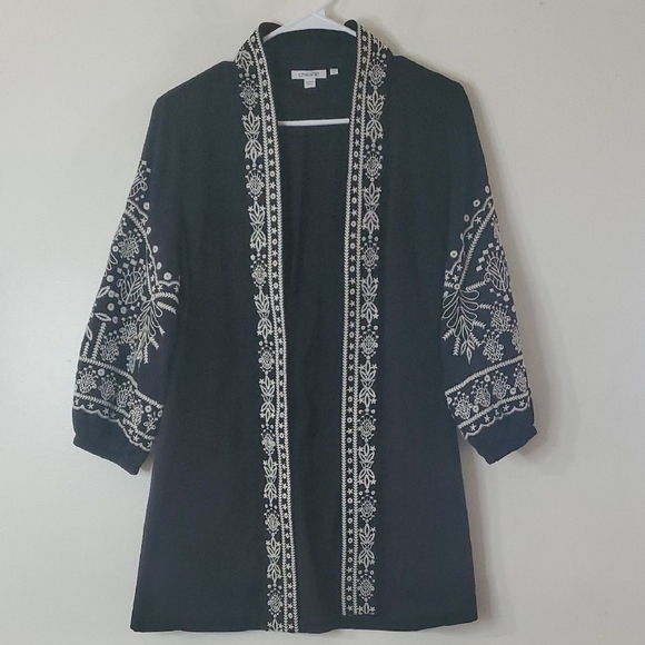 Chico's Sweaters - Chico's Black White Embroidered Overcoat Cardigan Size Small 0 BoHo Duster